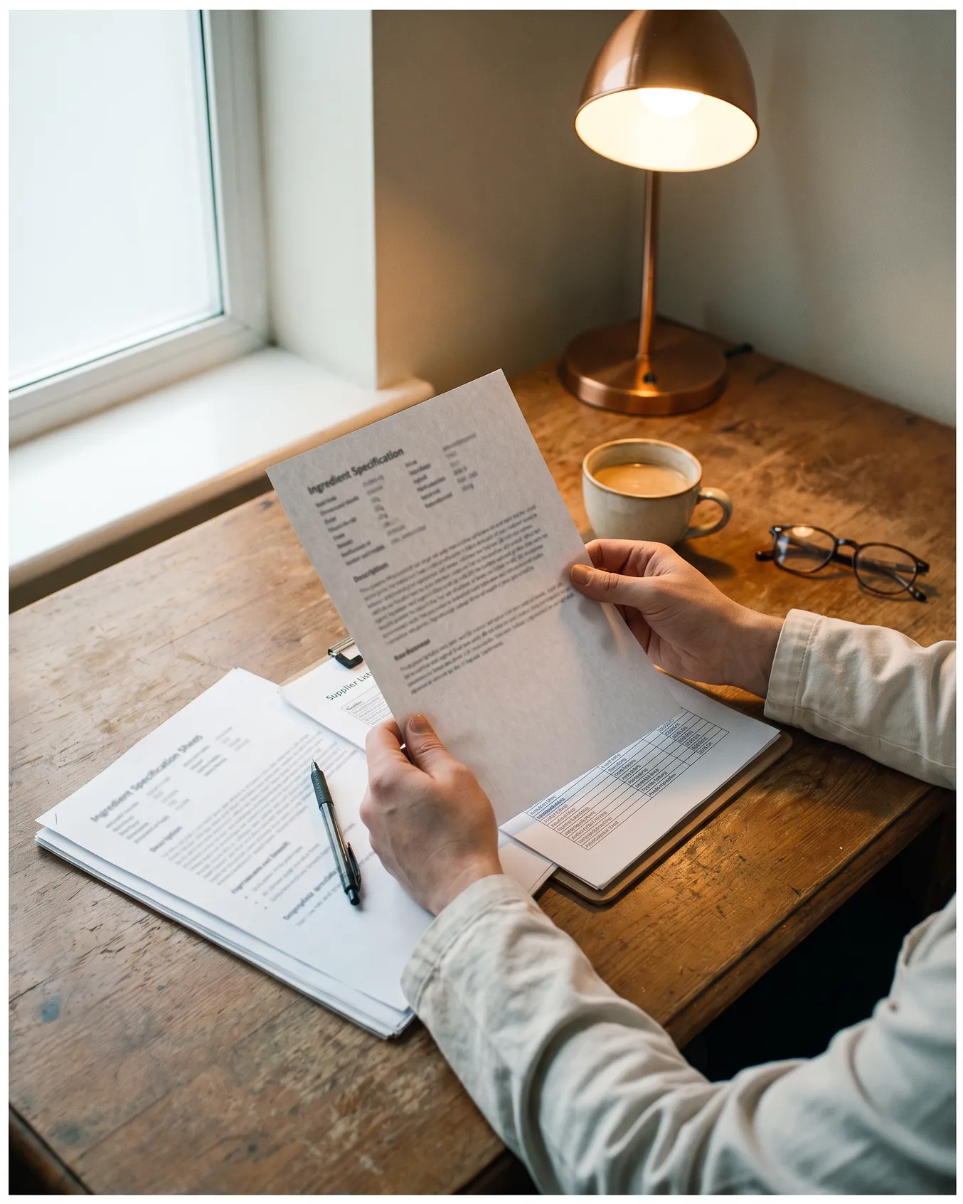 Supplier letters and ingredient lists on a desk, the file for a kosher application