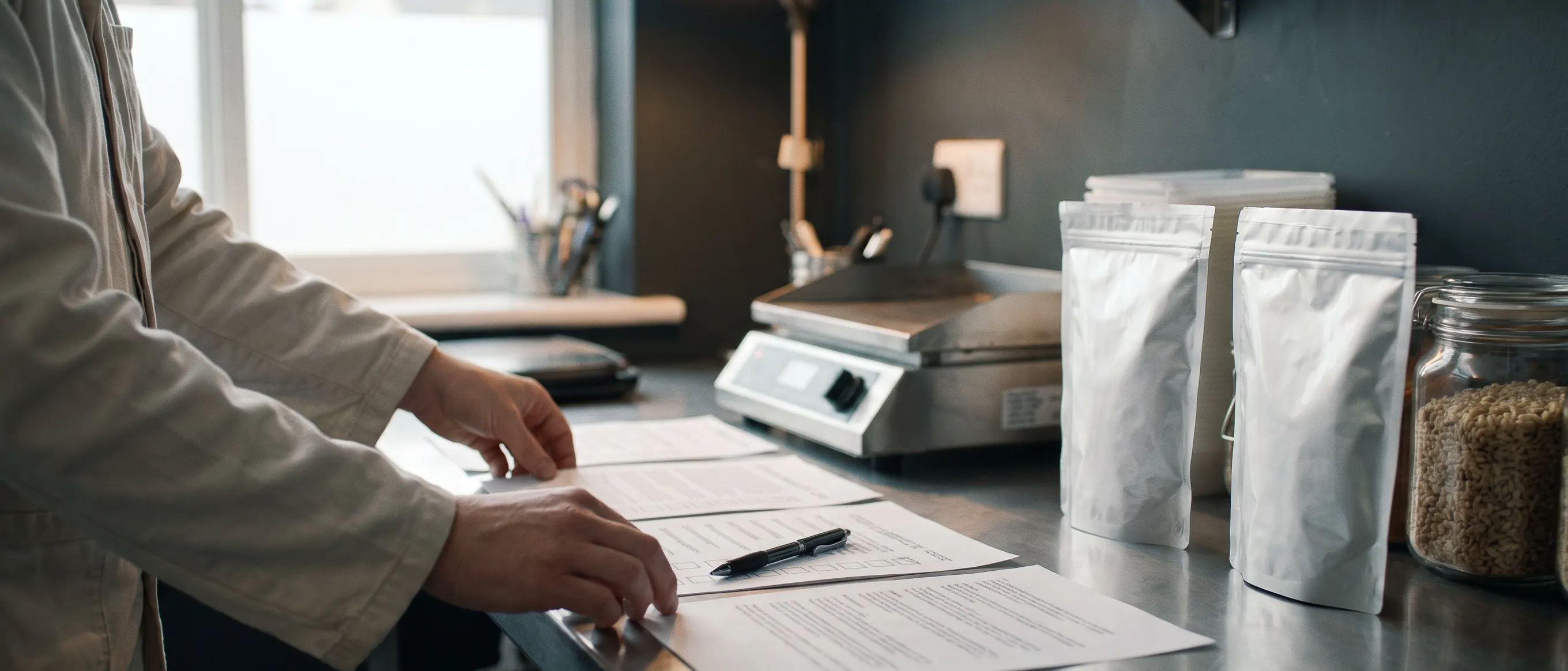 Printed ingredient sheets laid out on a stainless worktable beside two food pouches